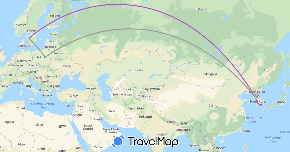 TravelMap itinerary: driving, plane, train in South Korea, Poland, Sweden (Asia, Europe)